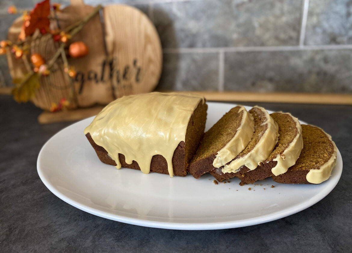 pumpkin bread topped with maple glaze