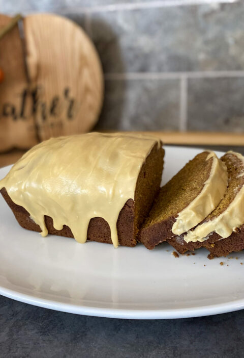 pumpkin bread topped with maple glaze