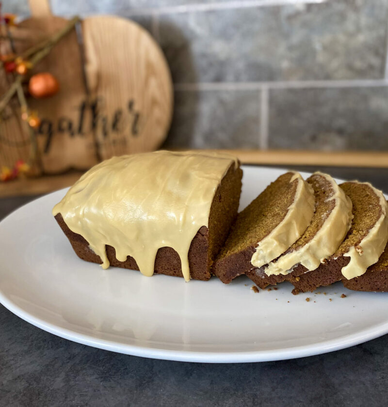 pumpkin bread topped with maple glaze